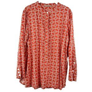 Soft Surroundings Top Blouse Large 3/4 Sleeve Geometric Orange White Pullover